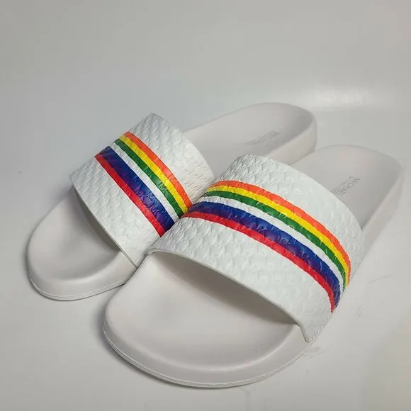 Michael Kors Women Slide Sandals MK Gilmore white rainbow logo Pool PU sz 8 new