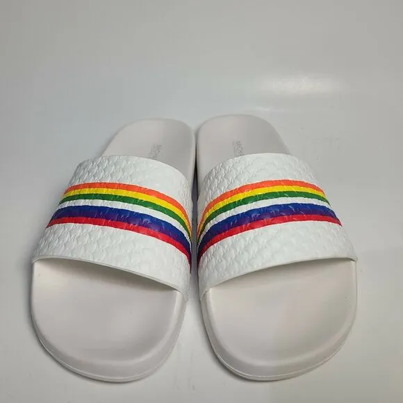 Michael Kors Women Slide Sandals MK Gilmore white rainbow logo Pool PU sz 8 new