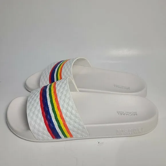 Michael Kors Women Slide Sandals MK Gilmore white rainbow logo Pool PU sz 8 new
