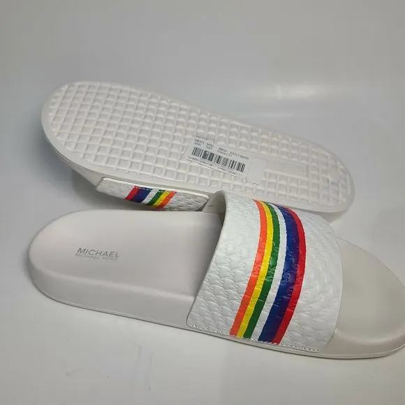 Michael Kors Women Slide Sandals MK Gilmore white rainbow logo Pool PU sz 8 new