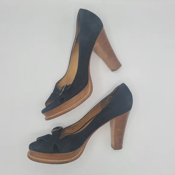 Michael Kors Wood Platform Black Suede Crossed Strap Buckle Sandals