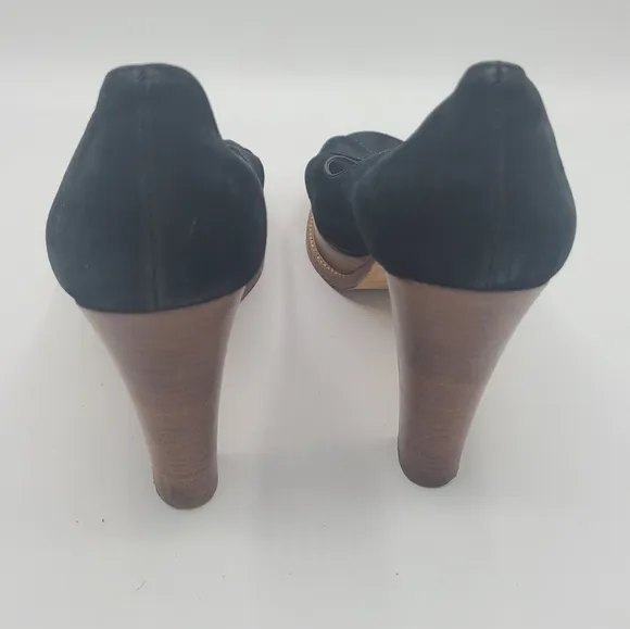 Michael Kors Wood Platform Black Suede Crossed Strap Buckle Sandals