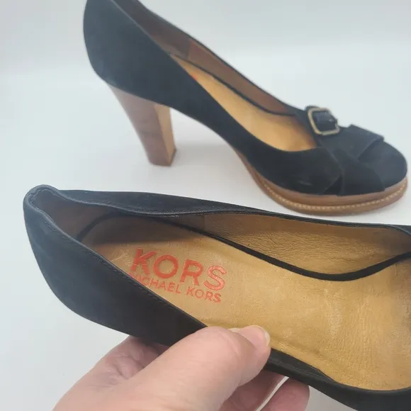 Michael Kors Wood Platform Black Suede Crossed Strap Buckle Sandals
