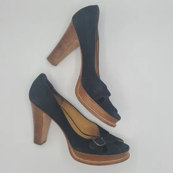 Michael Kors Wood Platform Black Suede Crossed Strap Buckle Sandals