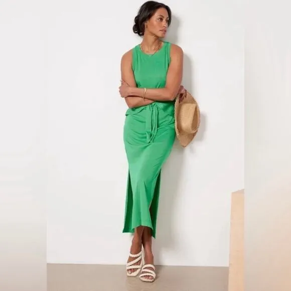 Michael Stars Solange Dress Size L Field Green Maxi Tie Cotton Casual Sleeveless