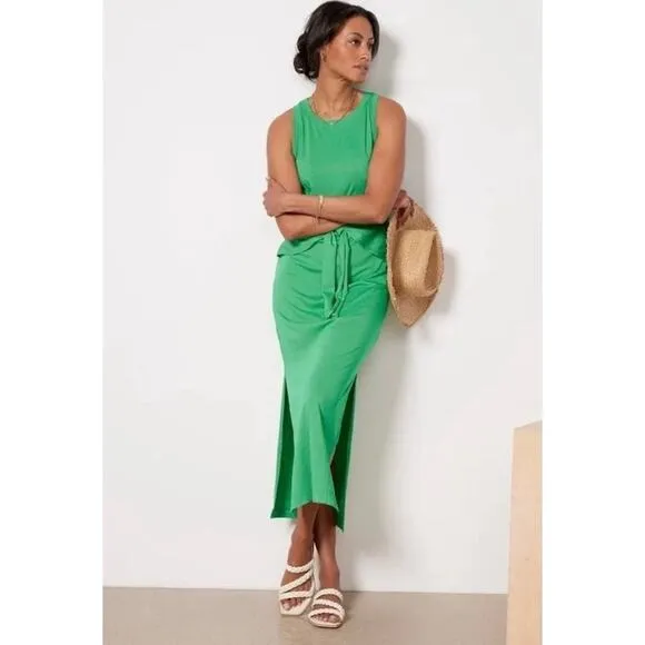 Michael Stars Solange Dress Size L Field Green Maxi Tie Cotton Casual Sleeveless