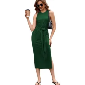 Midi Dress for Women–Casual Tank Dress with Waist Tie Bodycon Fit
