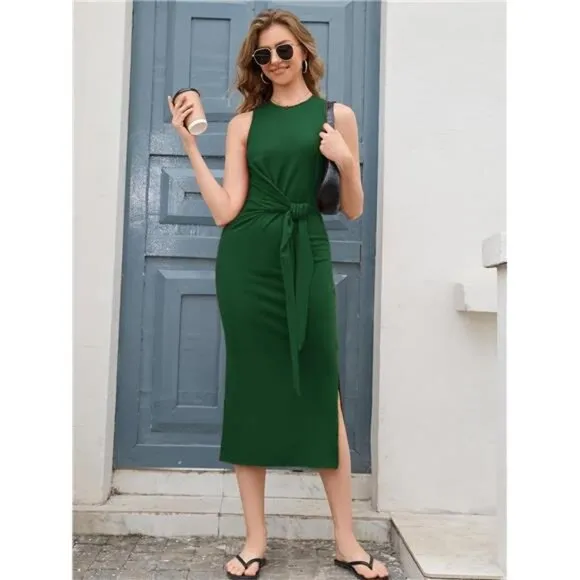 Midi Dress for Women–Casual Tank Dress with Waist Tie Bodycon Fit