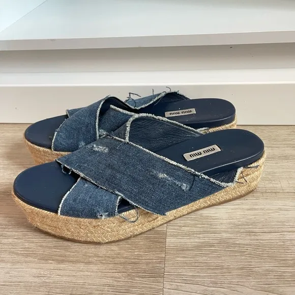 Midi Miu Denim Espadrille Platform Sandals 41
