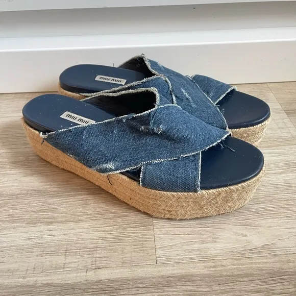 Midi Miu Denim Espadrille Platform Sandals 41
