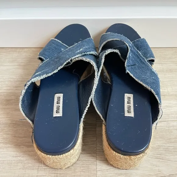Midi Miu Denim Espadrille Platform Sandals 41