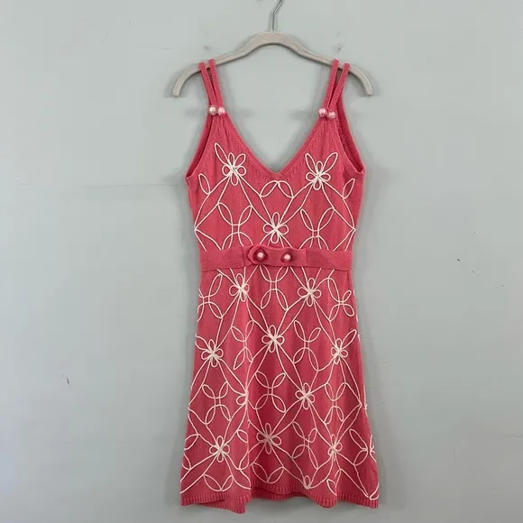 Milly of New York Pink Knit Floral Embellished Sleeveless Cotton Dress