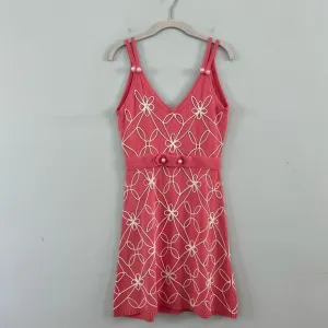 Milly of New York Pink Knit Floral Embellished Sleeveless Cotton Dress