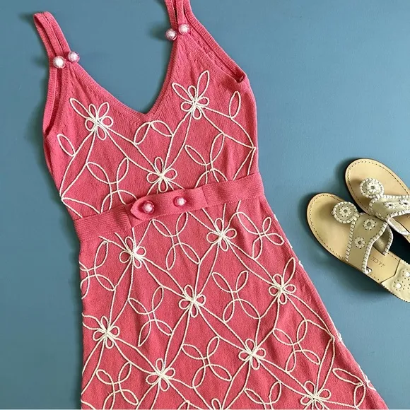 Milly of New York Pink Knit Floral Embellished Sleeveless Cotton Dress