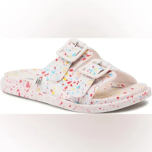 Mini Melissa Wide II Slide Sandals in White Quantile Splatter Size 3