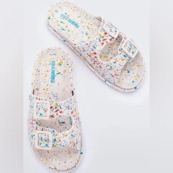 Mini Melissa Wide II Slide Sandals in White Quantile Splatter Size 3
