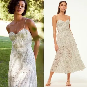 MISA Floral Print Eyelet Bustier Bodice Sleeveless Smocked Back Midi Dress M