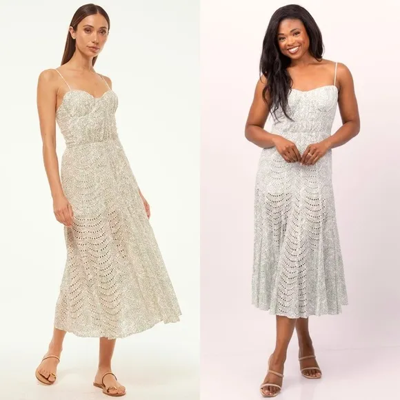 MISA Floral Print Eyelet Bustier Bodice Sleeveless Smocked Back Midi Dress M