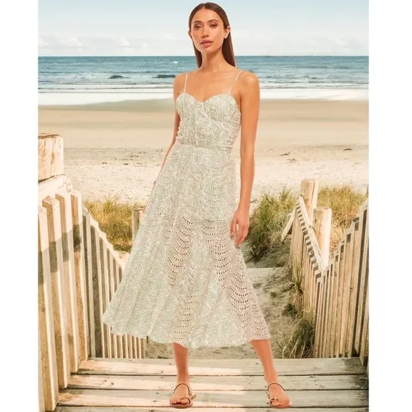 MISA Floral Print Eyelet Bustier Bodice Sleeveless Smocked Back Midi Dress M