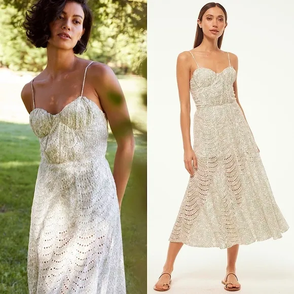 MISA Floral Print Eyelet Bustier Bodice Sleeveless Smocked Back Midi Dress M