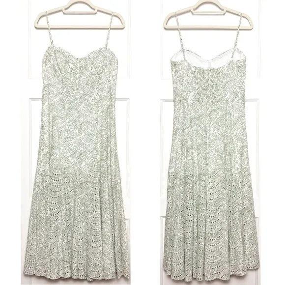 MISA Floral Print Eyelet Bustier Bodice Sleeveless Smocked Back Midi Dress M