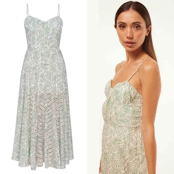MISA Floral Print Eyelet Bustier Bodice Sleeveless Smocked Back Midi Dress M