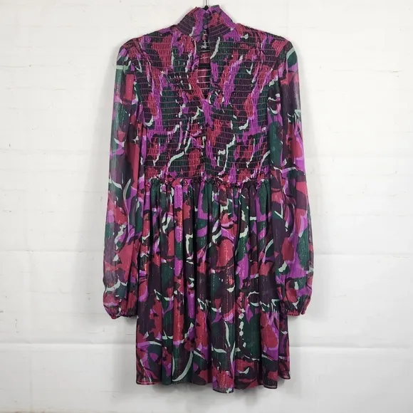 Misa Jessa Chiffon Smocked Neck Mini Dress in Holiday Sparkle Abstract Small