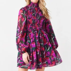 Misa Jessa Chiffon Smocked Neck Mini Dress in Holiday Sparkle Abstract Small