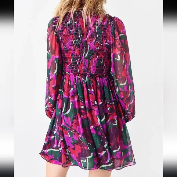 Misa Jessa Chiffon Smocked Neck Mini Dress in Holiday Sparkle Abstract Small