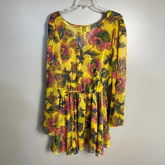 Misa Los Angeles Kaia Dress Grand Canary Yellow V Neck Floral Tropical Sz Large