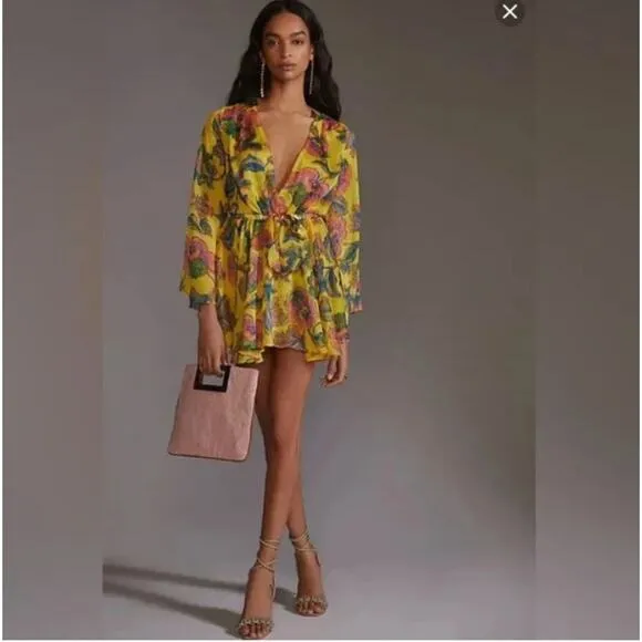 Misa Los Angeles Kaia Dress Grand Canary Yellow V Neck Floral Tropical Sz Large
