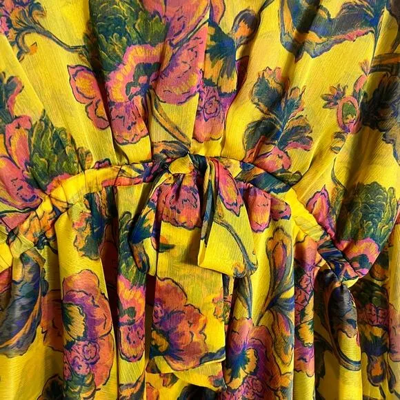 Misa Los Angeles Kaia Dress Grand Canary Yellow V Neck Floral Tropical Sz Large