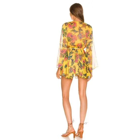 Misa Los Angeles Kaia Dress Grand Canary Yellow V Neck Floral Tropical Sz Large