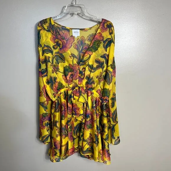 Misa Los Angeles Kaia Dress Grand Canary Yellow V Neck Floral Tropical Sz Large