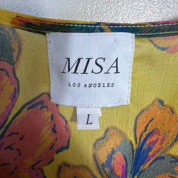Misa Los Angeles Kaia Dress Grand Canary Yellow V Neck Floral Tropical Sz Large