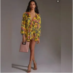 Misa Los Angeles Kaia Dress Grand Canary Yellow V Neck Floral Tropical Sz Large