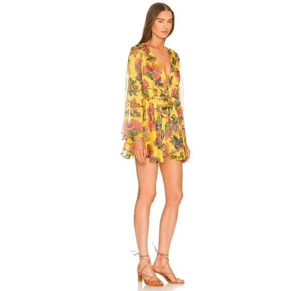 Misa Los Angeles Kaia Dress Grand Canary Yellow V Neck Floral Tropical Sz Large