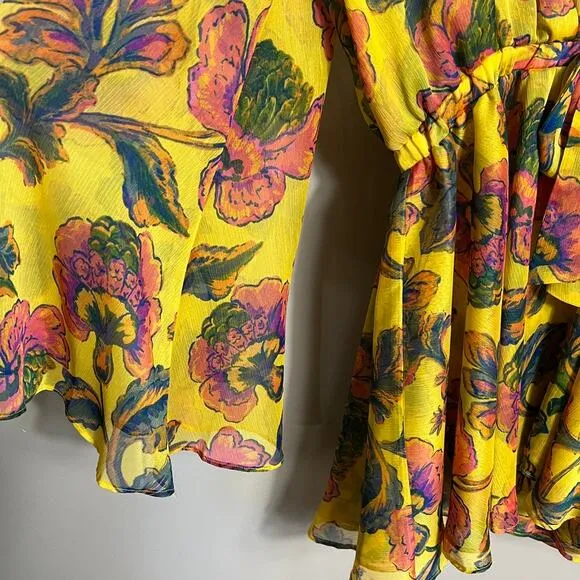 Misa Los Angeles Kaia Dress Grand Canary Yellow V Neck Floral Tropical Sz Large