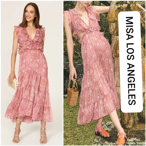 MISA LOS ANGELES NATASHA TIERED LIGHTWEIGHT FLORAL MIDI DRESS