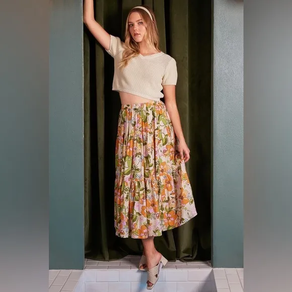 Mittoshop Flower Print Elastic Waist Tiered Skirt
