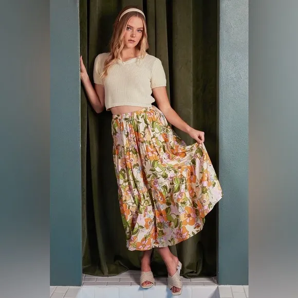 Mittoshop Flower Print Elastic Waist Tiered Skirt