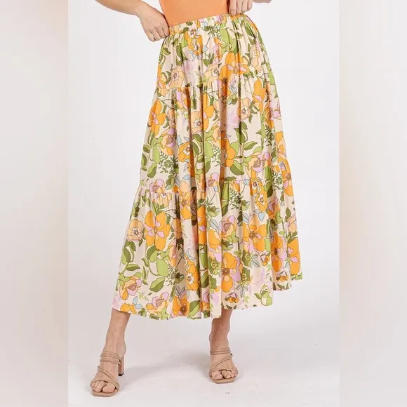 Mittoshop Flower Print Elastic Waist Tiered Skirt