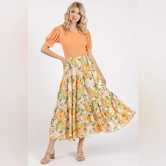 Mittoshop Flower Print Elastic Waist Tiered Skirt