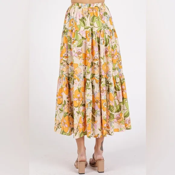 Mittoshop Flower Print Elastic Waist Tiered Skirt