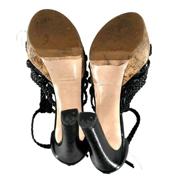 Miu Miu Black Braided Leather Cork Platform Sandals Heels Size 37.5