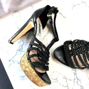 Miu Miu Black Braided Leather Cork Platform Sandals Heels Size 37.5