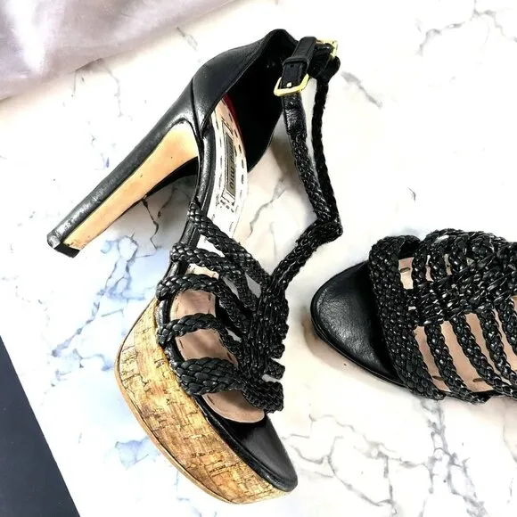 Miu Miu Black Braided Leather Cork Platform Sandals Heels Size 37.5