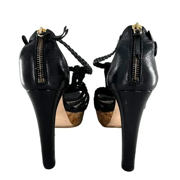 Miu Miu Black Braided Leather Cork Platform Sandals Heels Size 37.5