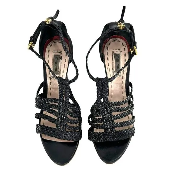 Miu Miu Black Braided Leather Cork Platform Sandals Heels Size 37.5