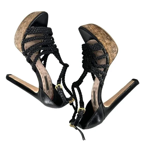 Miu Miu Black Braided Leather Cork Platform Sandals Heels Size 37.5